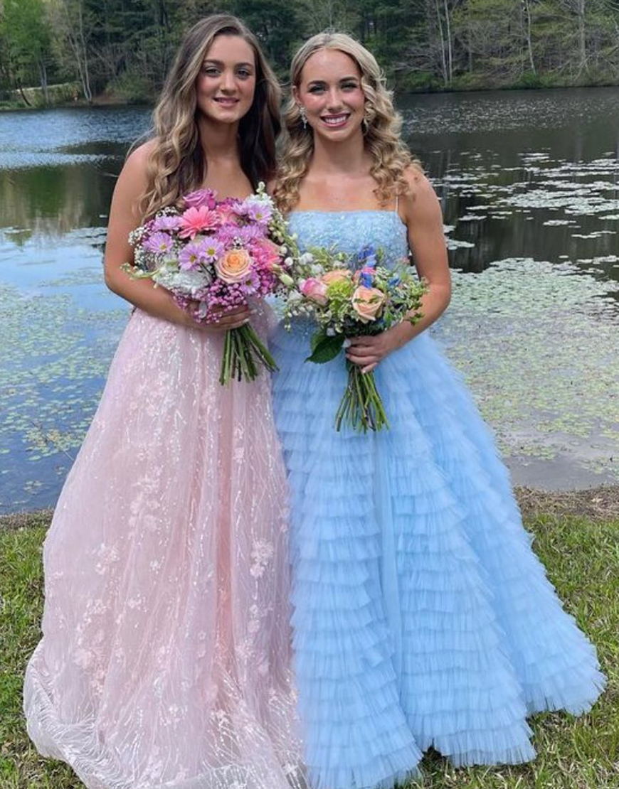 Glitter A-Line Spaghetti Straps Long Puffy Tulle Prom Dress With Split