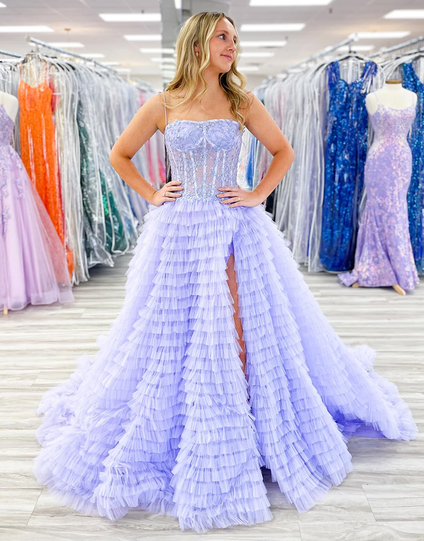 Sparkly Lilac A-Line Spaghetti Straps Long Puffy Tulle Prom Dress With Split