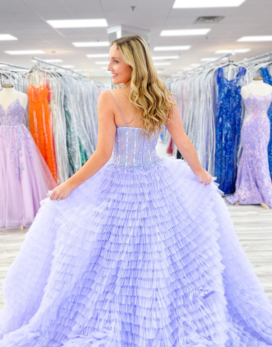 Sparkly Lilac A-Line Spaghetti Straps Long Puffy Tulle Prom Dress With Split