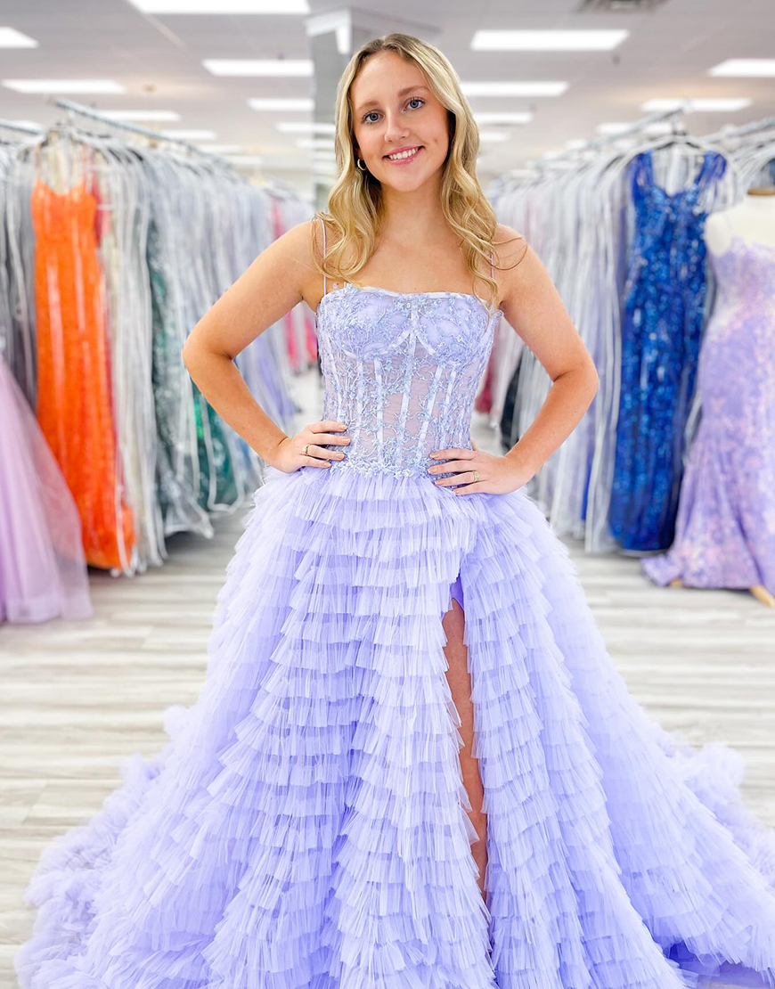 Sparkly Lilac A-Line Spaghetti Straps Long Puffy Tulle Prom Dress With Split