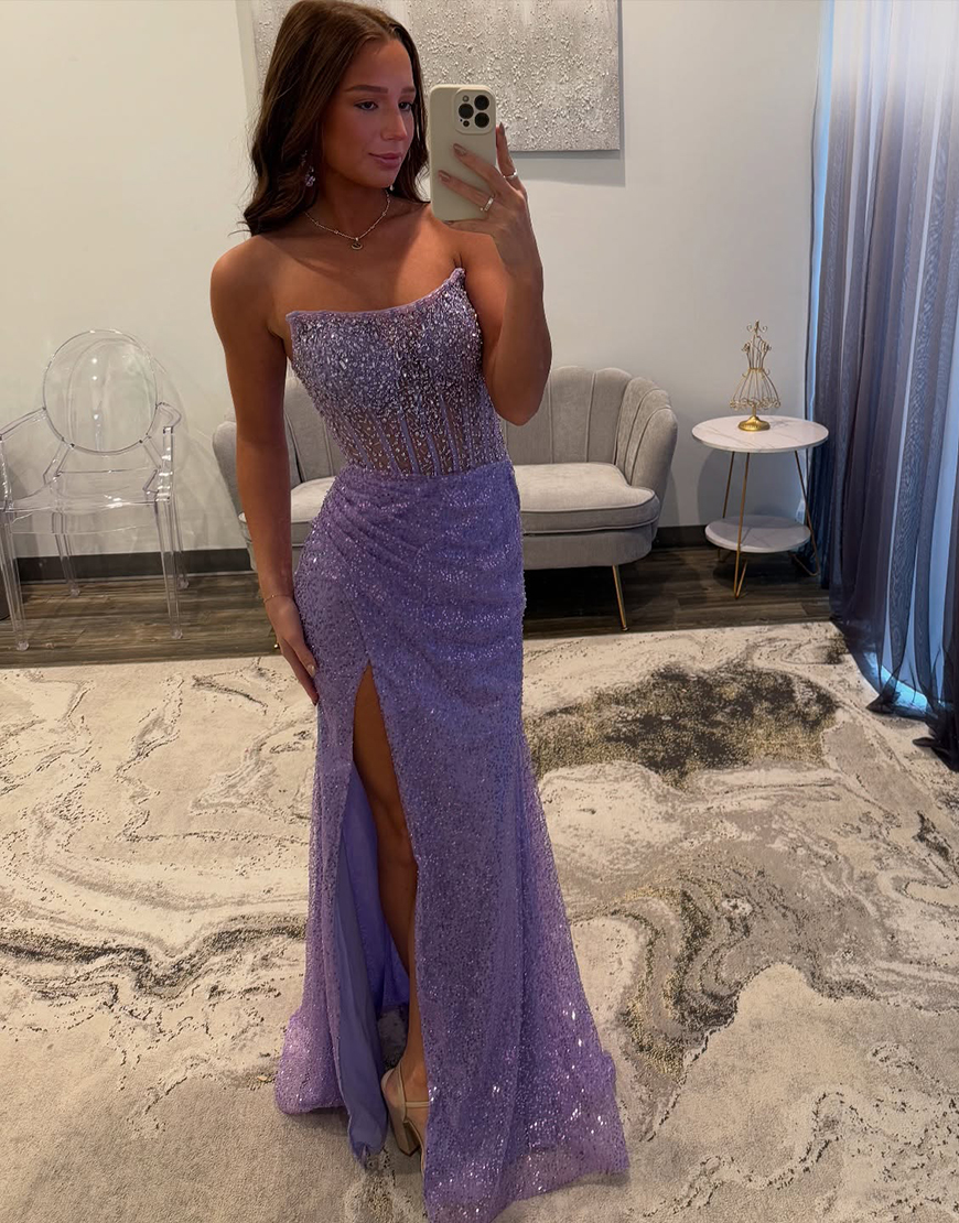 Sparkly Gorgeous Strapless Long Mermaid Beaded Prom Dress With Split