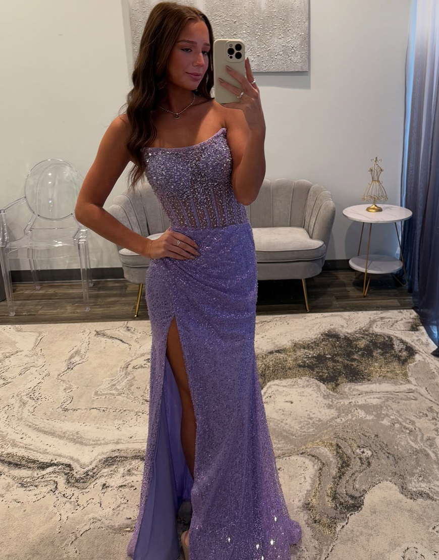 Sparkly Gorgeous Strapless Long Mermaid Beaded Prom Dress With Split
