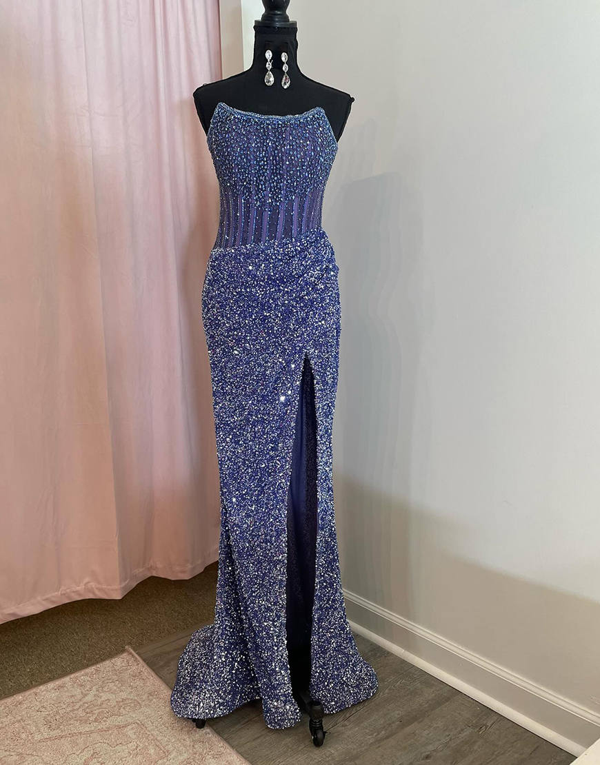 Sparkly Gorgeous Strapless Long Mermaid Beaded Prom Dress With Split
