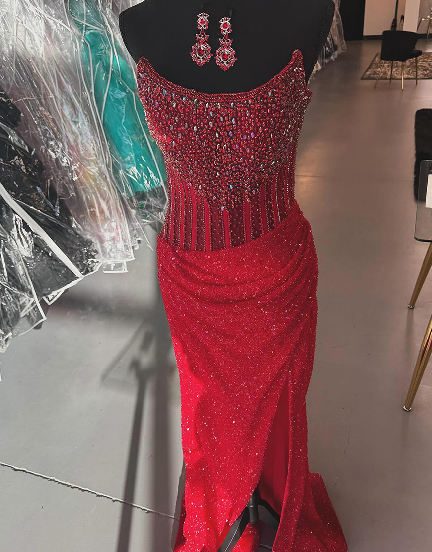 Sparkly Gorgeous Strapless Long Mermaid Beaded Prom Dress With Split