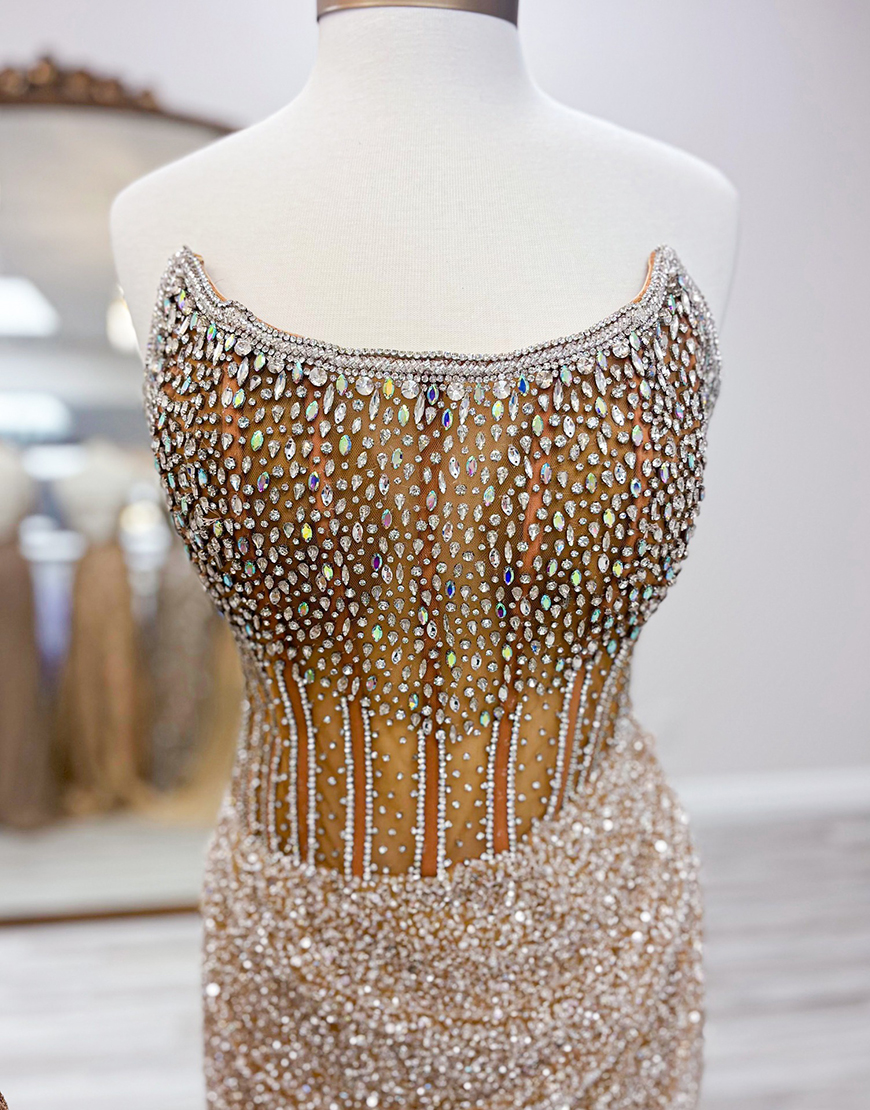 Sparkly Gorgeous Strapless Long Mermaid Beaded Prom Dress With Split