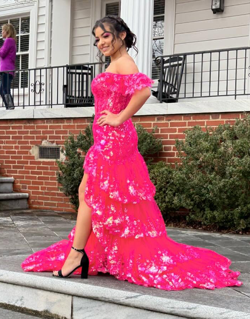 Gorgeous Off The Shoulder Mermaid Glitter Prom Dress With Appliques And Split