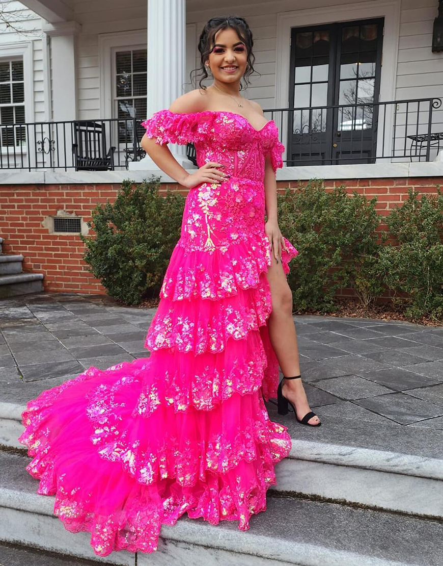 Gorgeous Off The Shoulder Mermaid Glitter Prom Dress With Appliques And Split