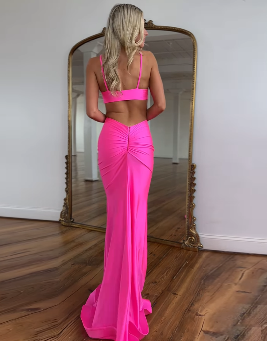 Sexy Fuchsia Spaghetti Straps Cutout Waist Long Mermaid Satin Prom Dress