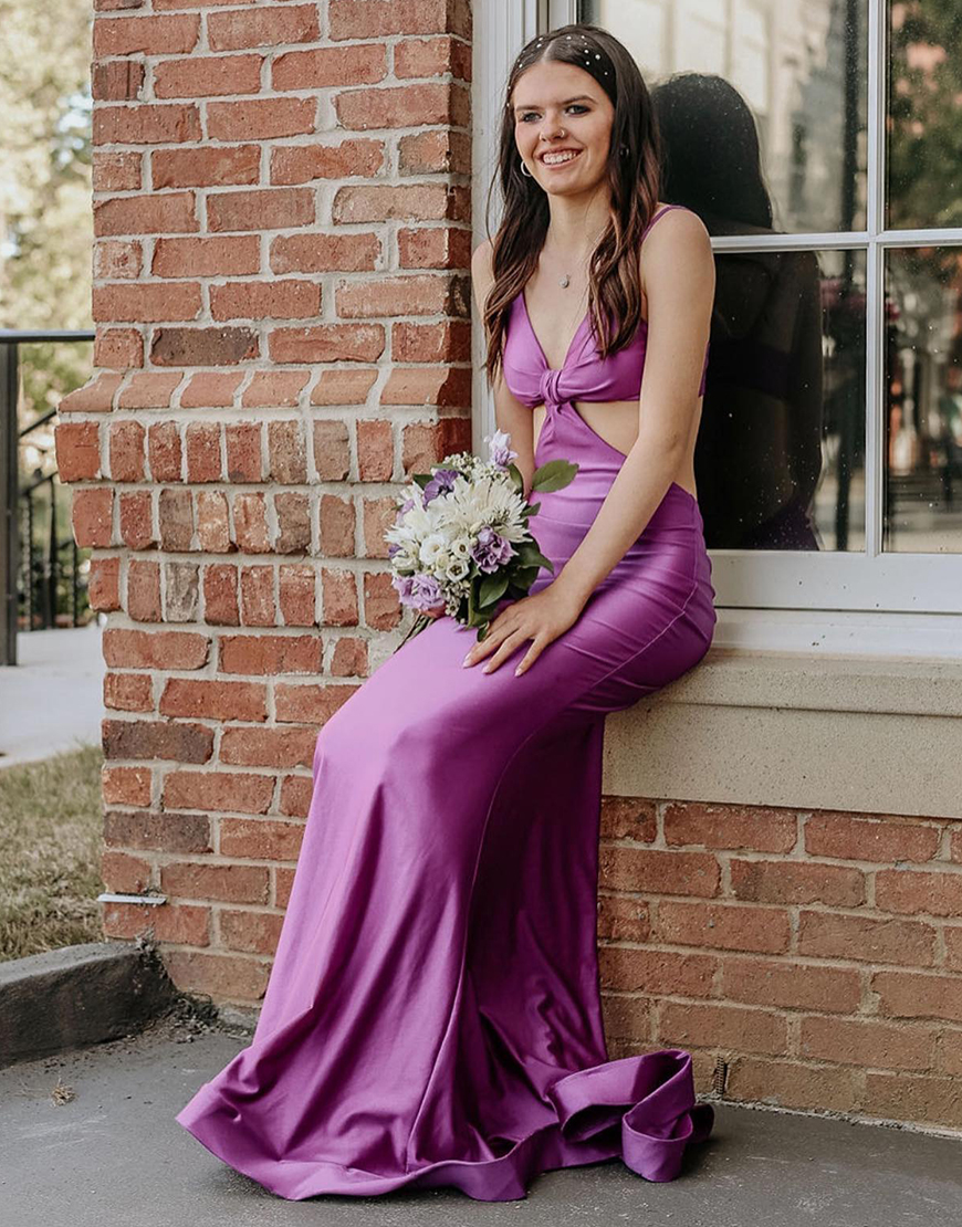 Sexy Red Spaghetti Straps Cutout Waist Long Mermaid Satin Prom Dress