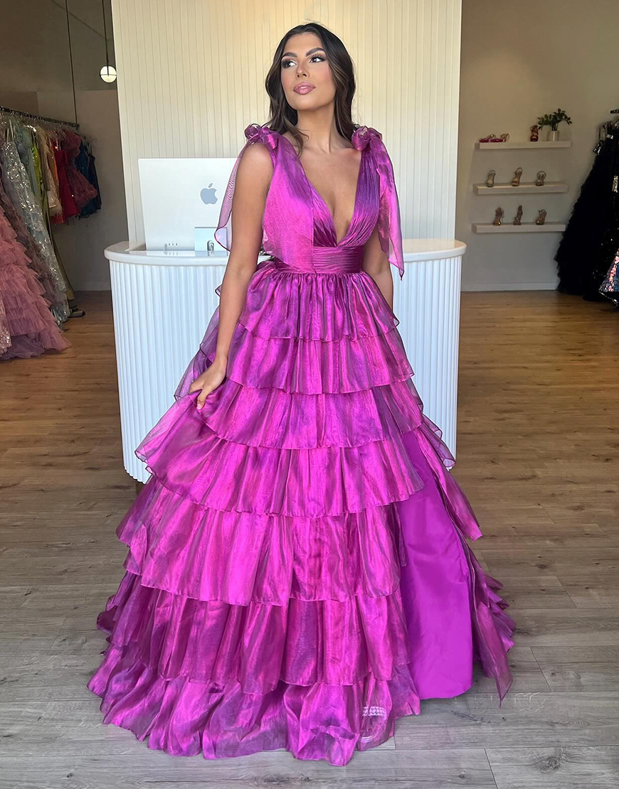 Trendy Pink A-Line Deep V-Neck Long Tiered Prom Dress With Split