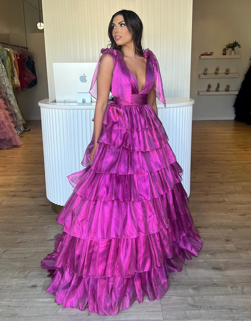Trendy Pink A-Line Deep V-Neck Long Tiered Prom Dress With Split
