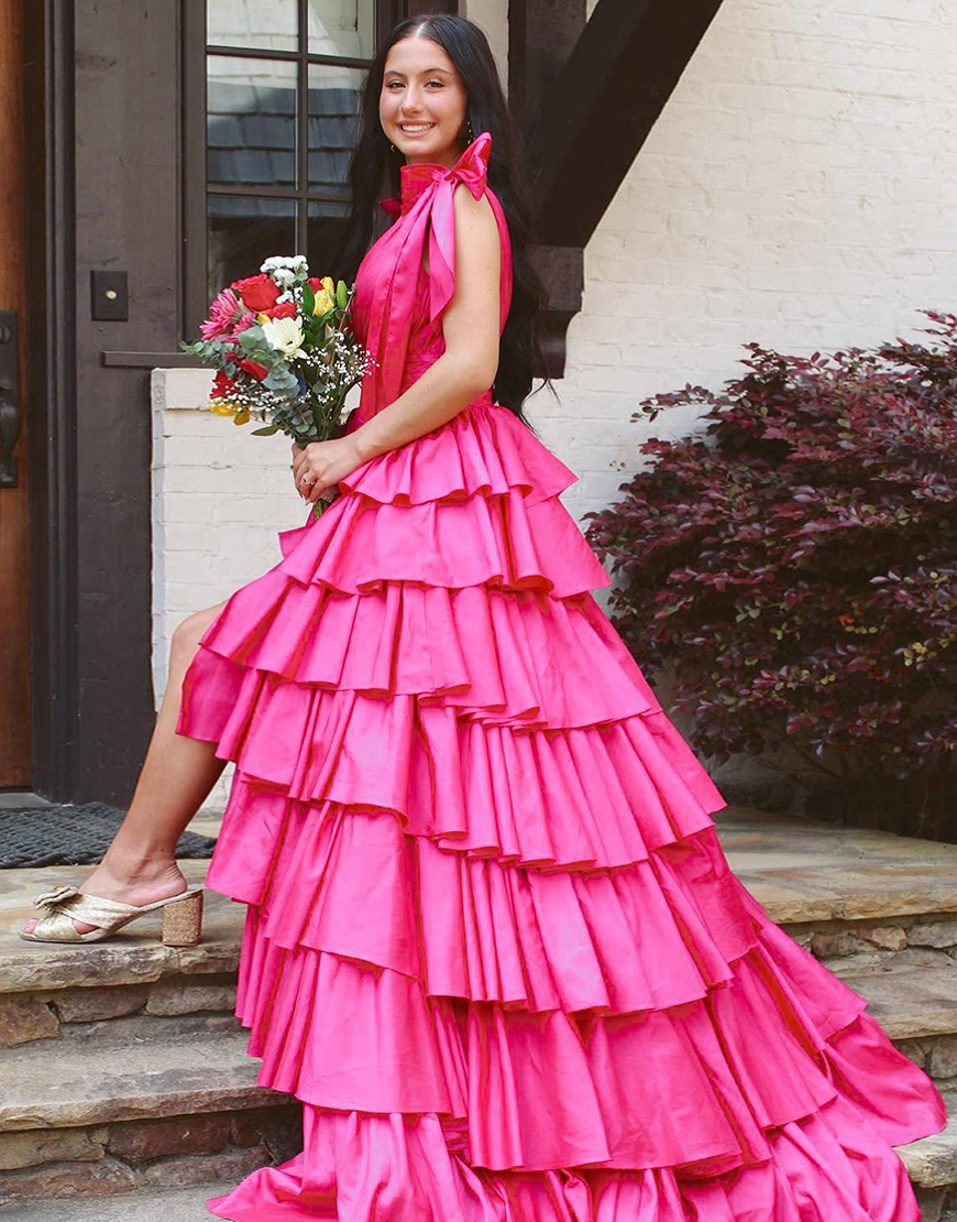 Trendy Pink A-Line Deep V-Neck Long Tiered Prom Dress With Split