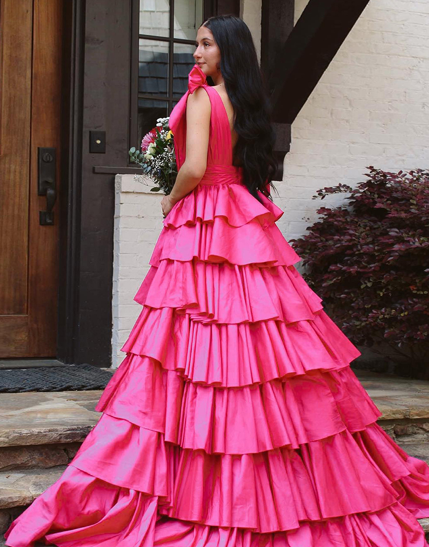 Trendy Pink A-Line Deep V-Neck Long Tiered Prom Dress With Split