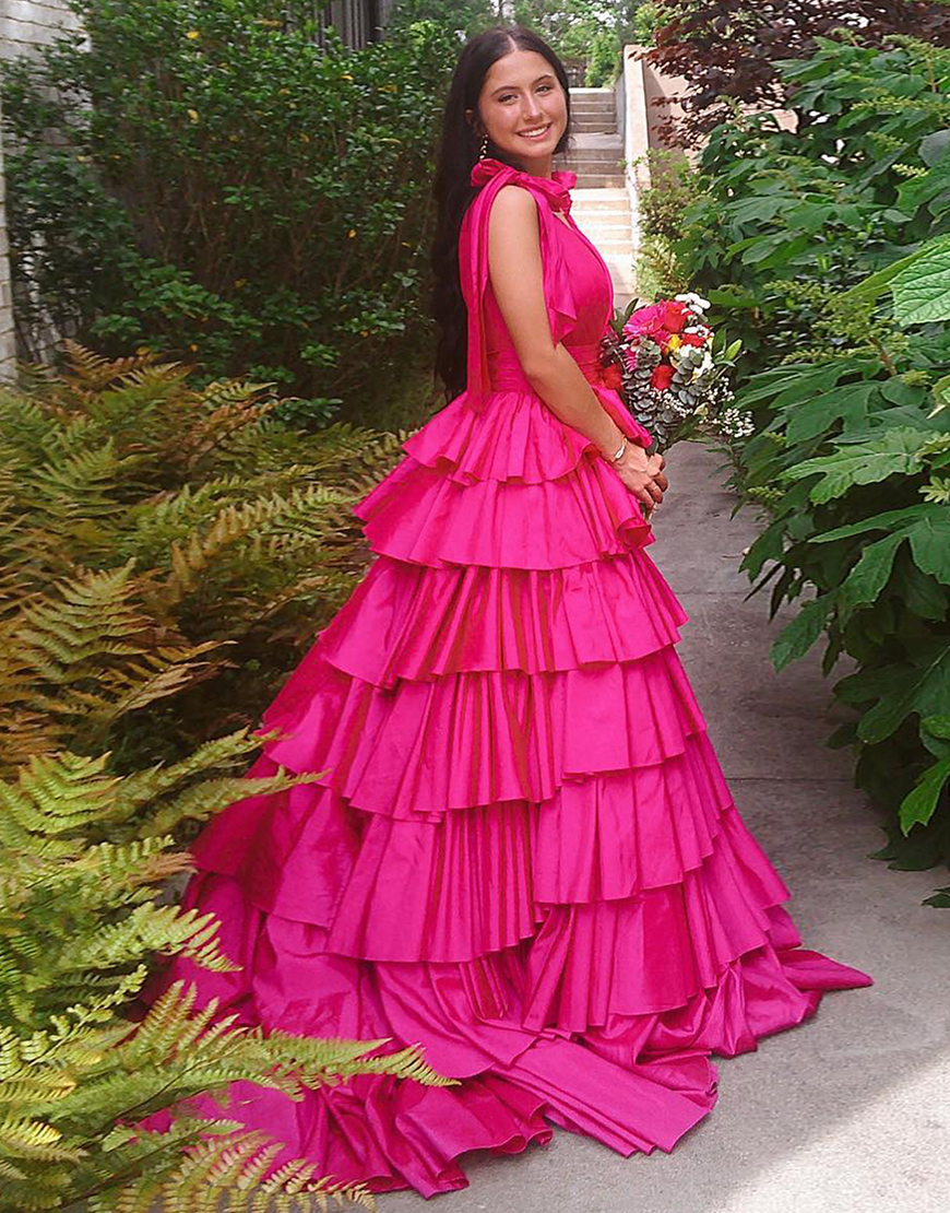 Trendy Pink A-Line Deep V-Neck Long Tiered Prom Dress With Split