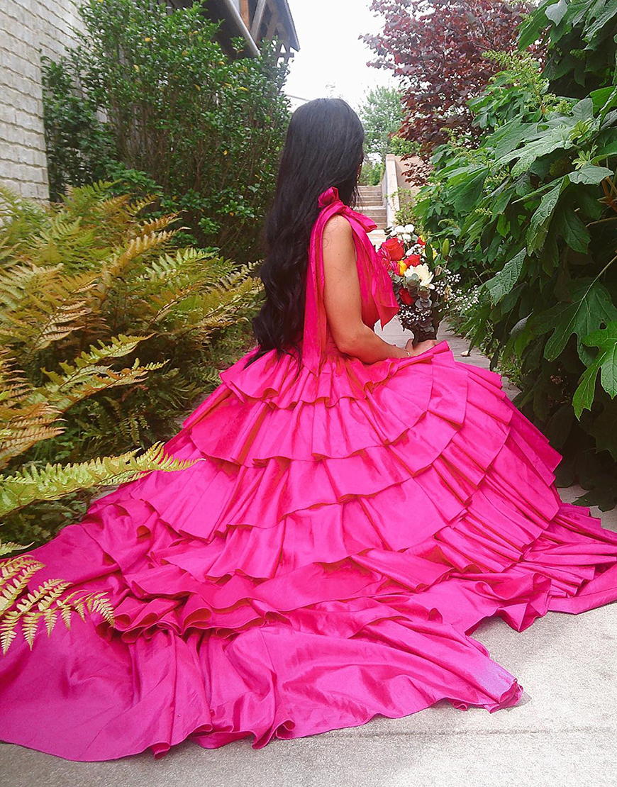 Trendy Pink A-Line Deep V-Neck Long Tiered Prom Dress With Split