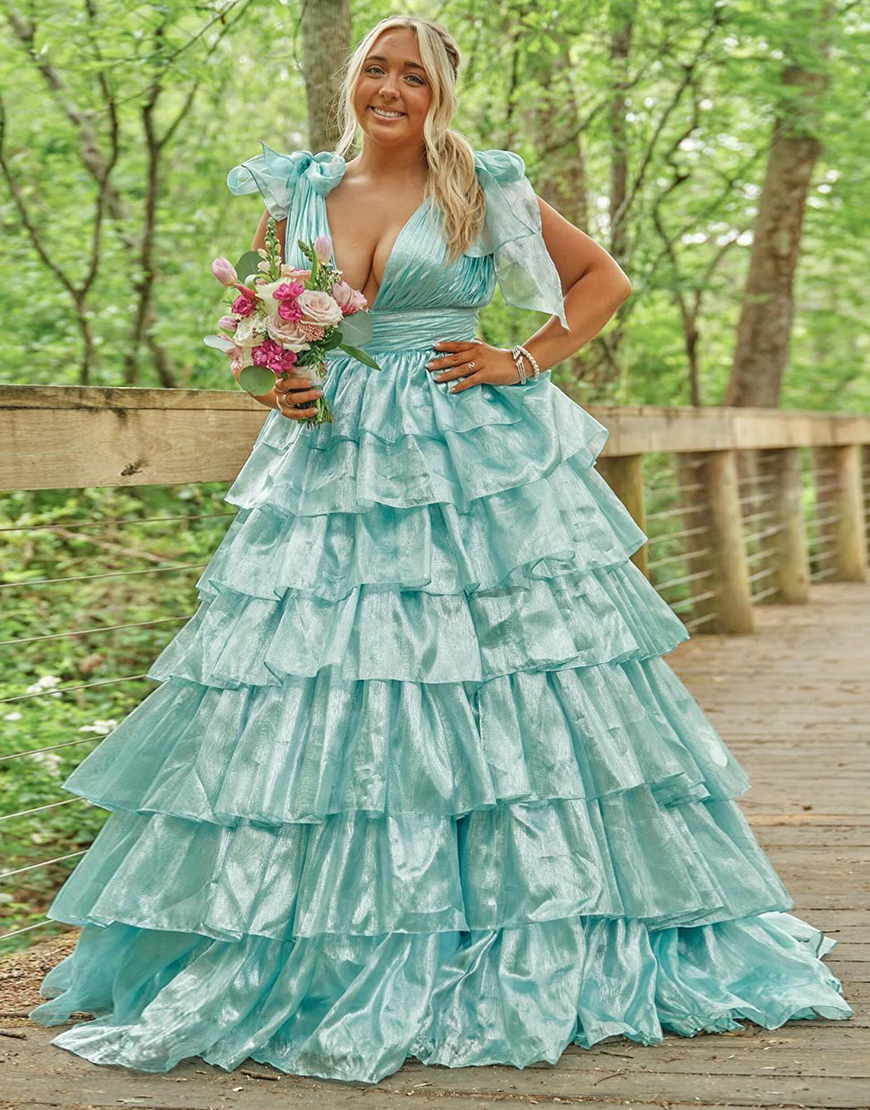 Trendy Pink A-Line Deep V-Neck Long Tiered Prom Dress With Split