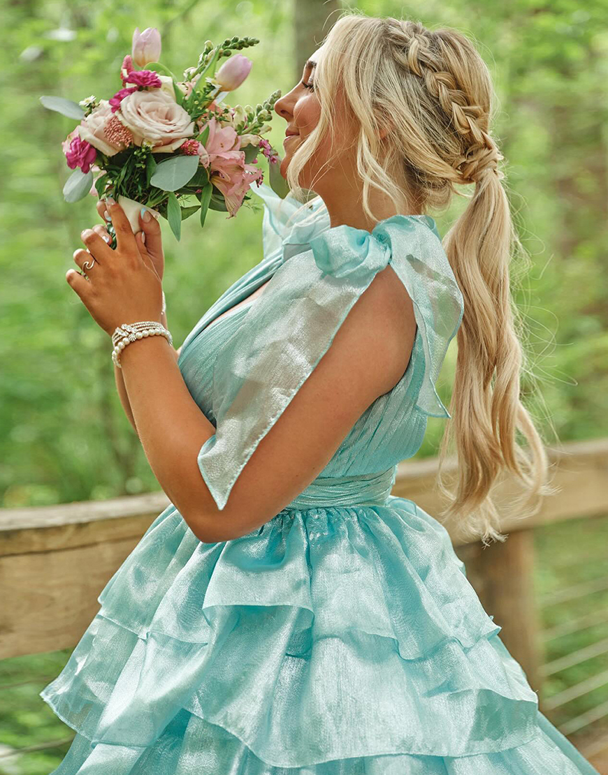 Trendy Pink A-Line Deep V-Neck Long Tiered Prom Dress With Split