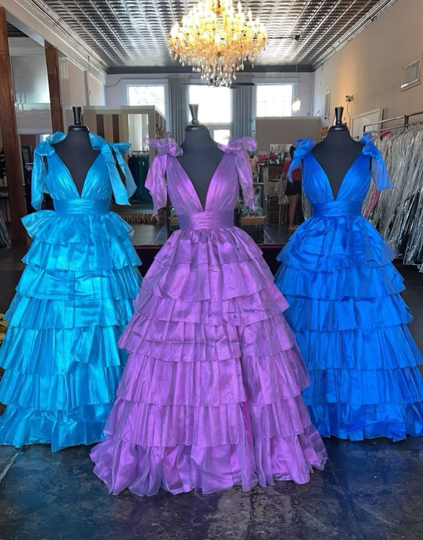 Trendy Pink A-Line Deep V-Neck Long Tiered Prom Dress With Split