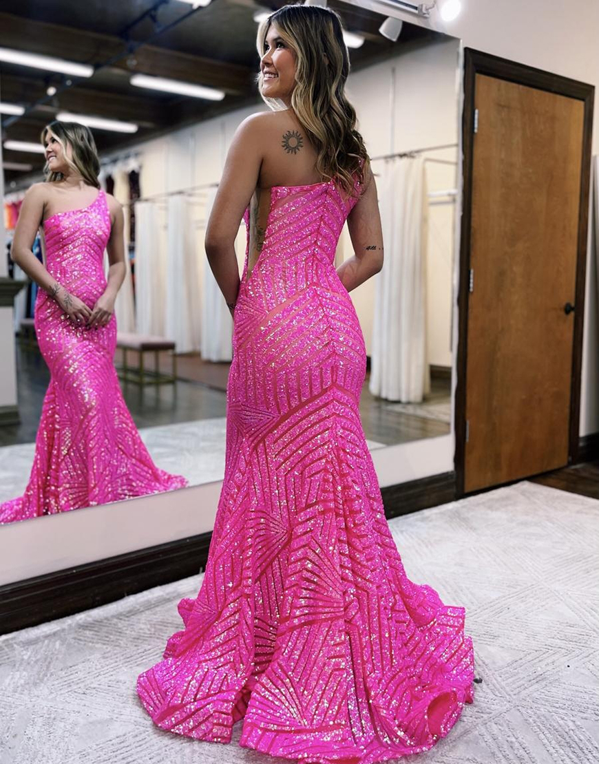Sparkly Sequin One Shoulder Pink Long Mermaid Corset Prom Dress