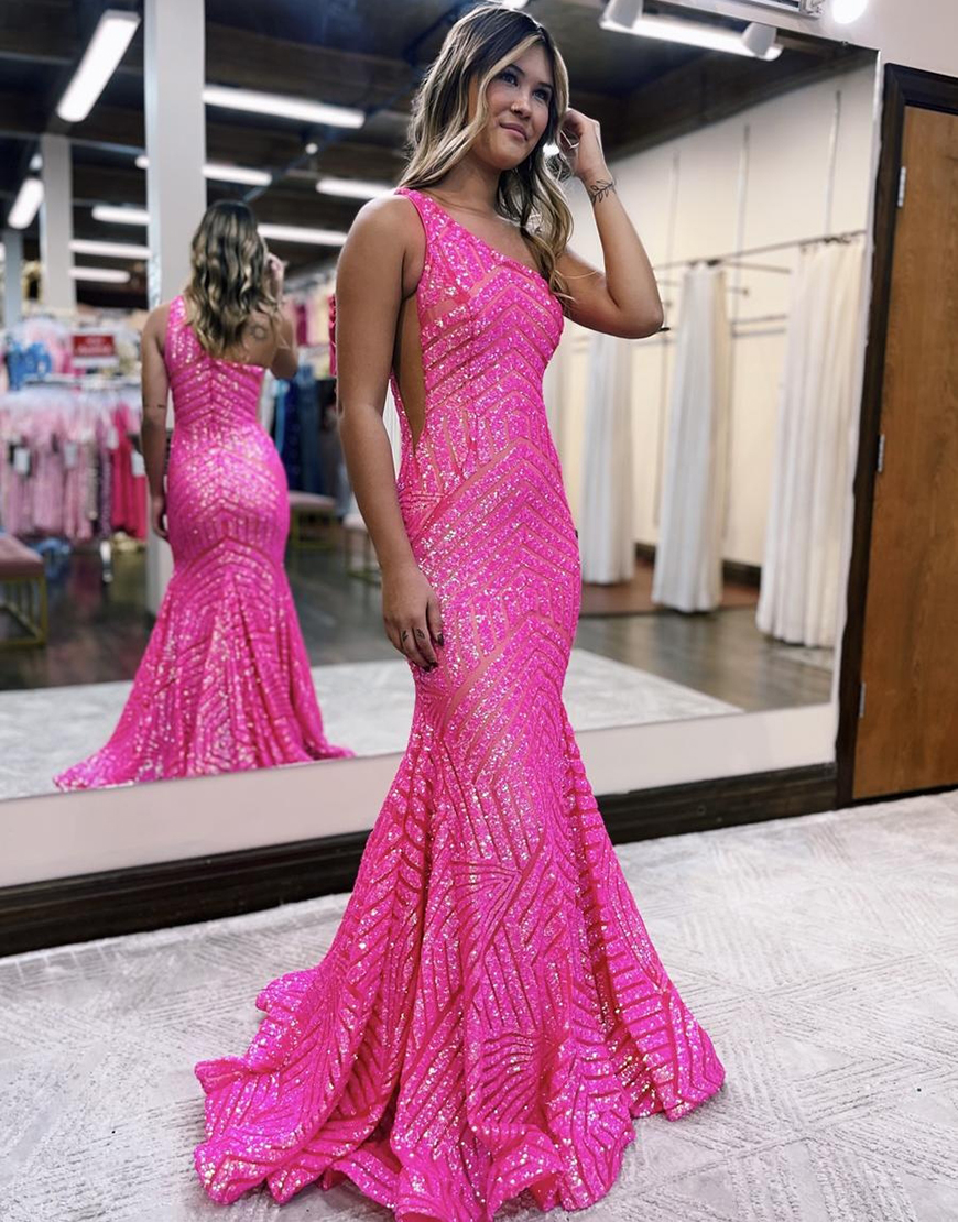 Sparkly Sequin One Shoulder Pink Long Mermaid Corset Prom Dress