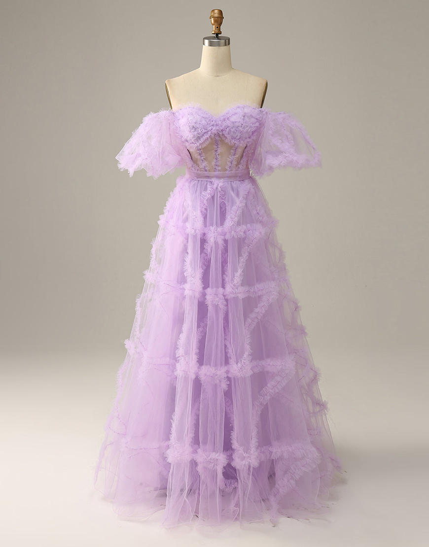 A-Line Off The Shoulder Long Tulle Prom Party Dress With Belt