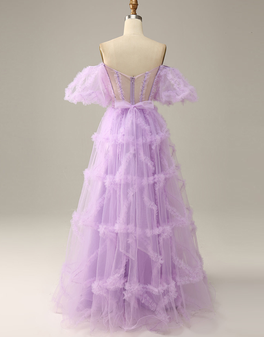 A-Line Off The Shoulder Long Tulle Prom Party Dress With Belt