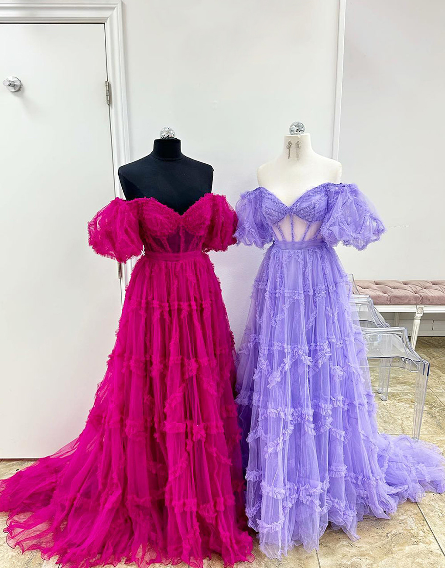 A-Line Off The Shoulder Long Tulle Prom Party Dress With Belt