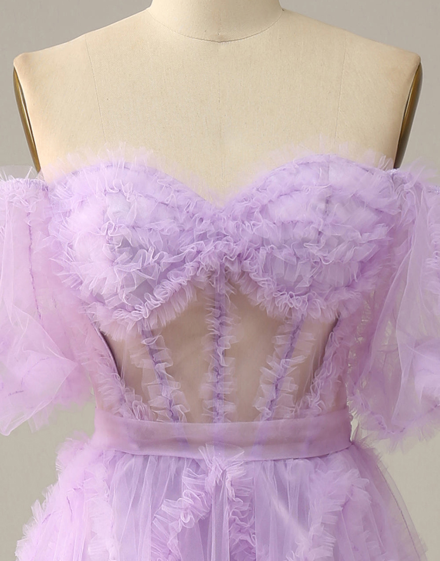 A-Line Off The Shoulder Long Tulle Prom Party Dress With Belt