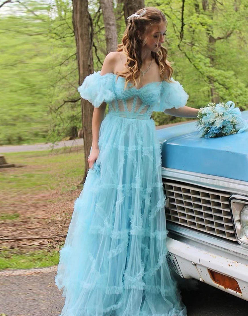 A-Line Off The Shoulder Long Tulle Prom Party Dress With Belt
