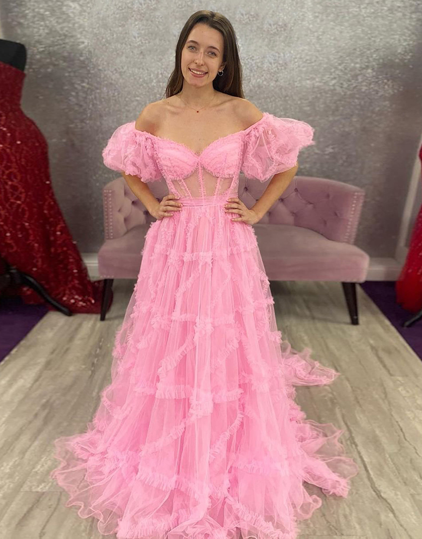 A-Line Off The Shoulder Long Tulle Prom Party Dress With Belt