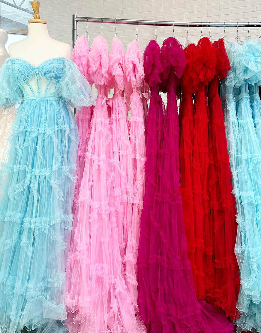 A-Line Off The Shoulder Long Tulle Prom Party Dress With Belt