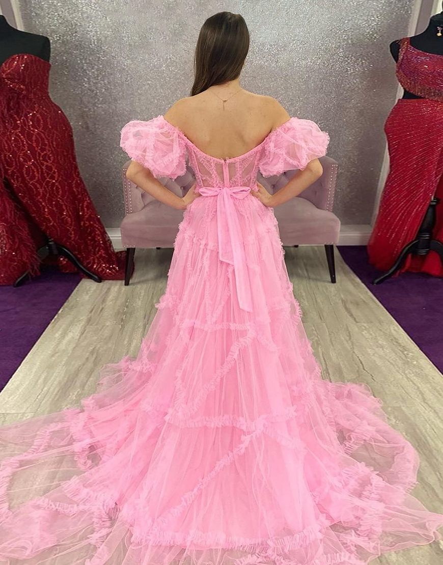 A-Line Off The Shoulder Long Tulle Prom Party Dress With Belt