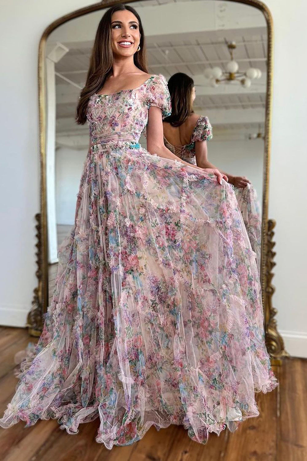 A-Line Square Neck Cap Sleeves Long Print Tulle Prom Dress