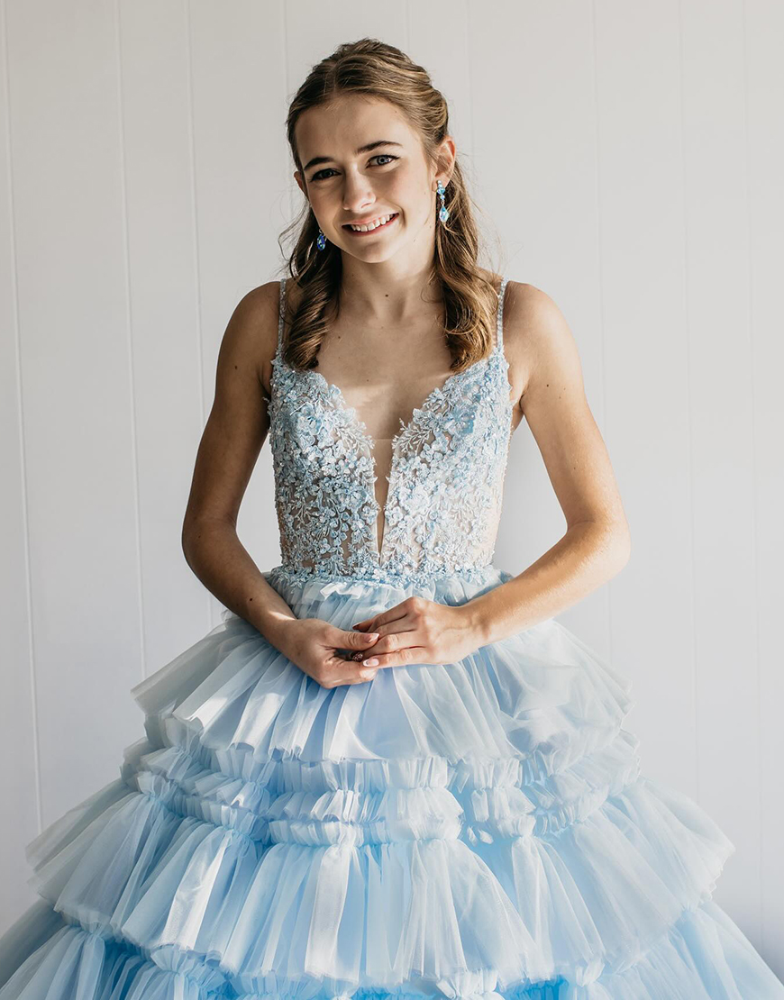 Princess Glitter A-Line Spaghetti Straps Long Tiered Prom Dress