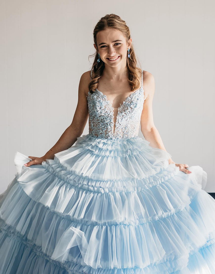 Princess Glitter A-Line Spaghetti Straps Long Tiered Prom Dress