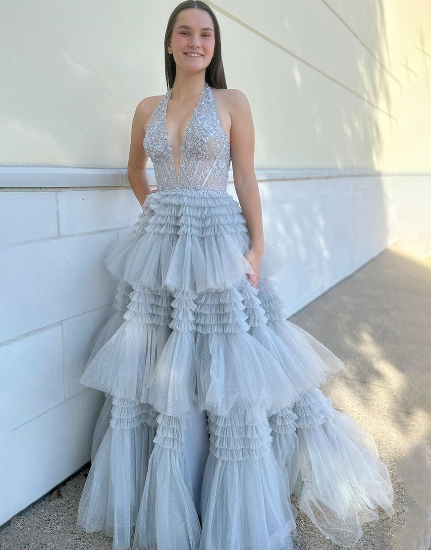 Lavender Glitter A-Line Halter Neck Open Back Long Ruffle Tulle Prom Dress