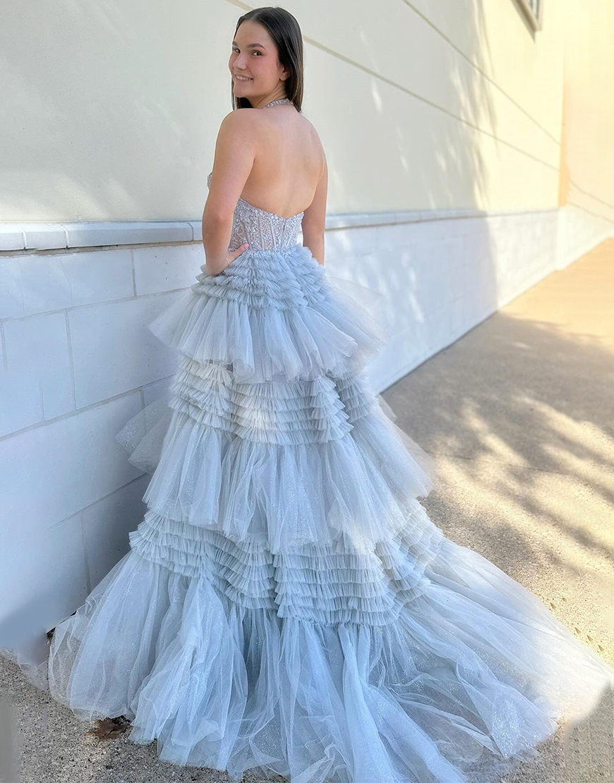 Lavender Glitter A-Line Halter Neck Open Back Long Ruffle Tulle Prom Dress