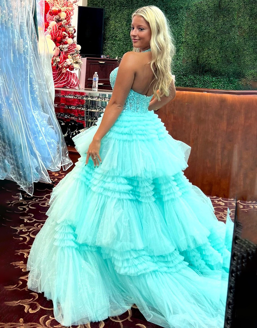 Lavender Glitter A-Line Halter Neck Open Back Long Ruffle Tulle Prom Dress