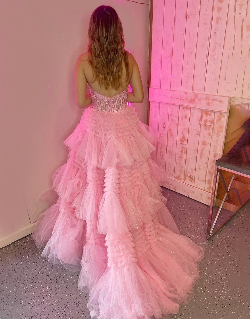 Lavender Glitter A-Line Halter Neck Open Back Long Ruffle Tulle Prom Dress