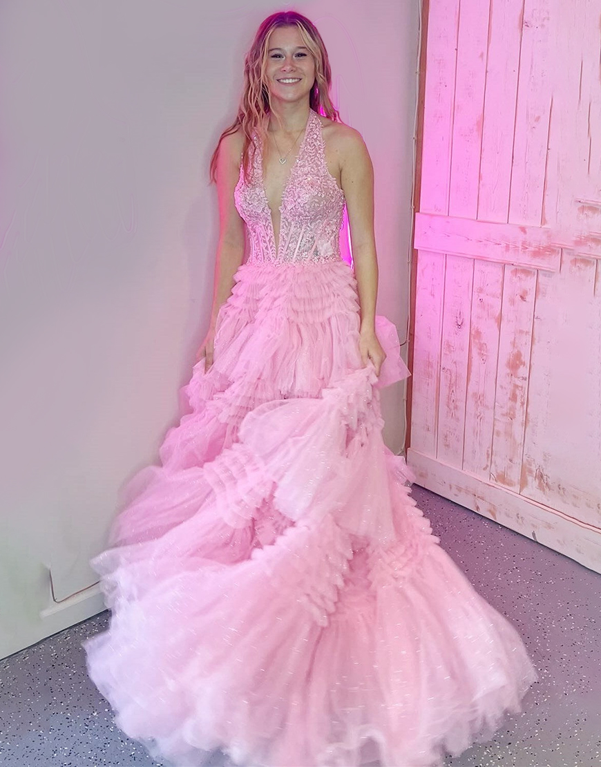 Lavender Glitter A-Line Halter Neck Open Back Long Ruffle Tulle Prom Dress