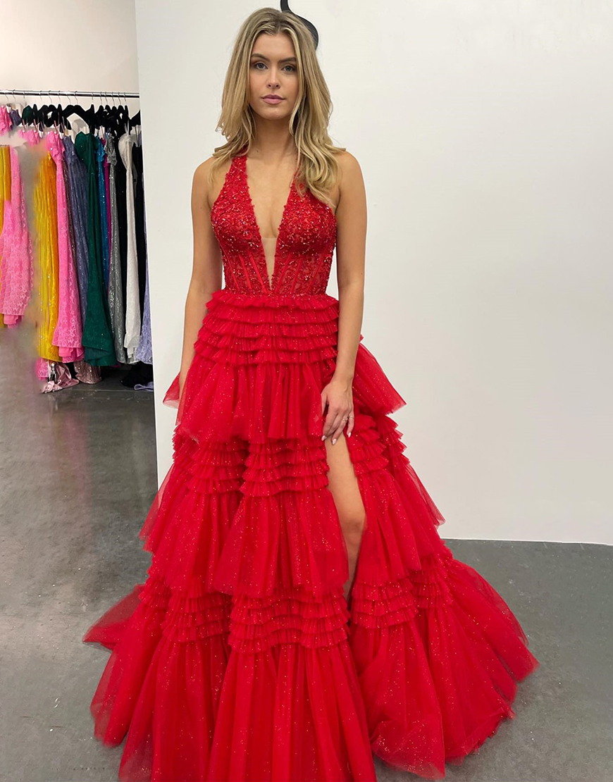 Lavender Glitter A-Line Halter Neck Open Back Long Ruffle Tulle Prom Dress