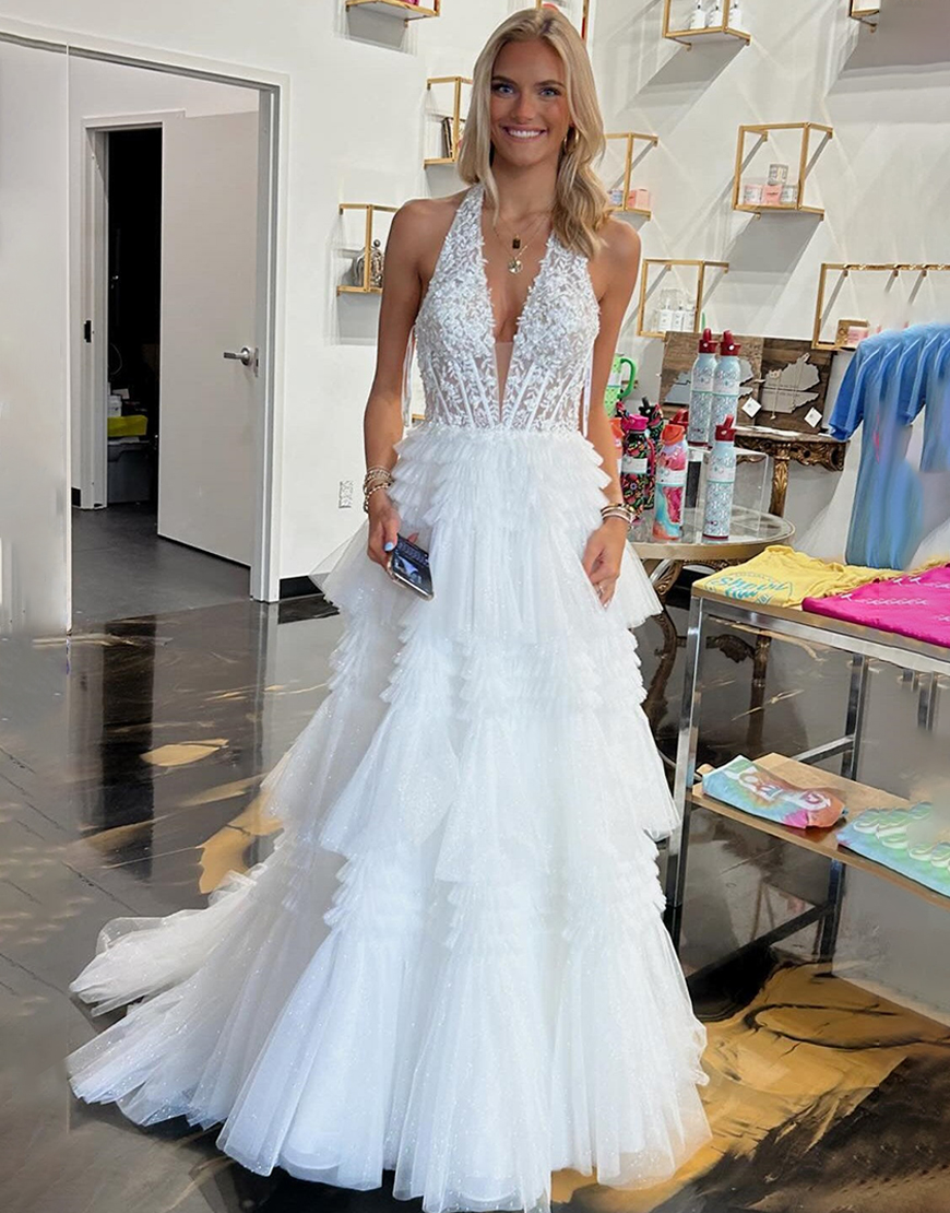 Lavender Glitter A-Line Halter Neck Open Back Long Ruffle Tulle Prom Dress