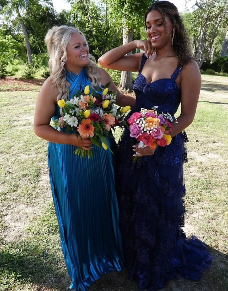 Peacock Blue Halter Neck A-Line Long Bright Prom Dress With Split