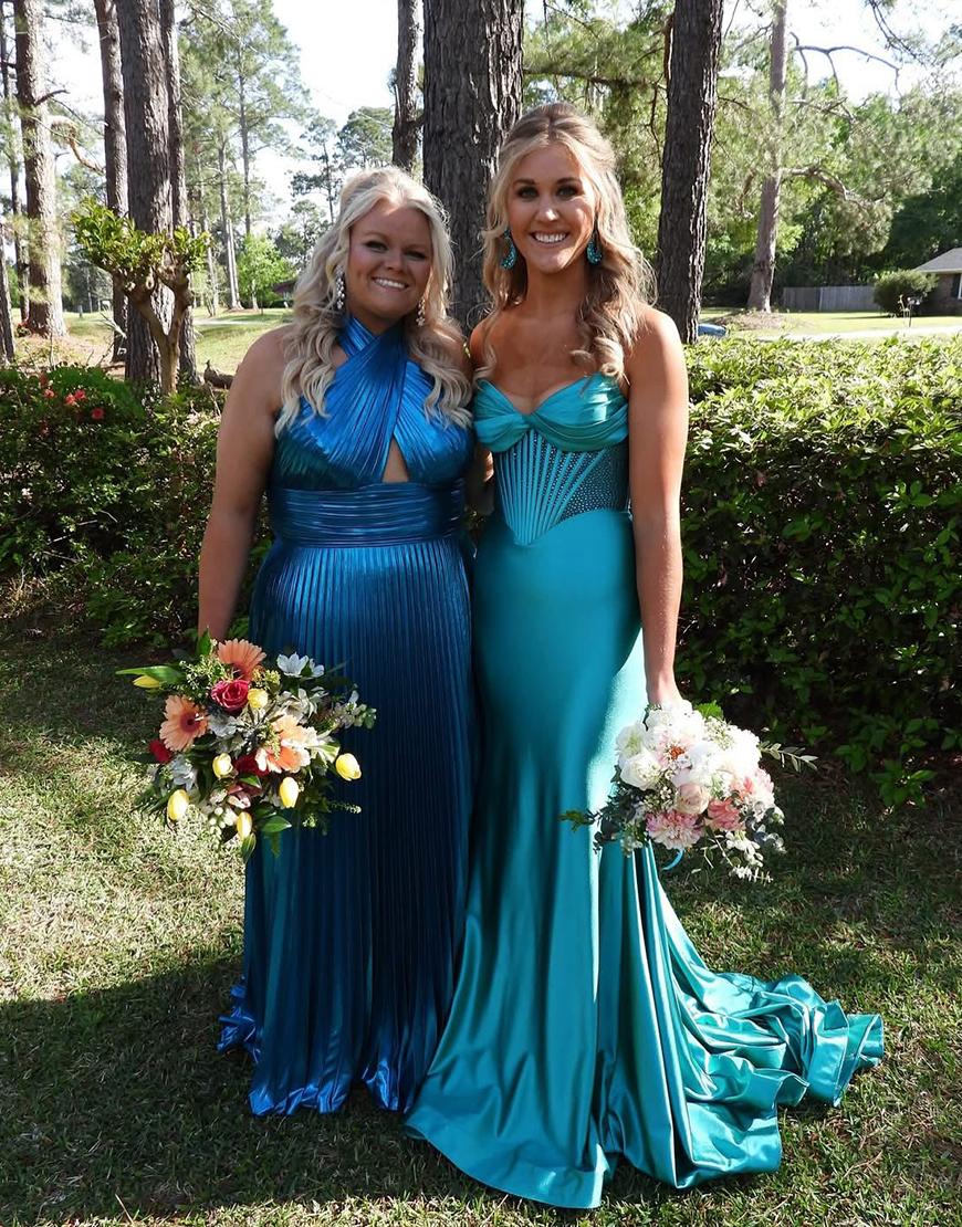 Peacock Blue Halter Neck A-Line Long Bright Prom Dress With Split