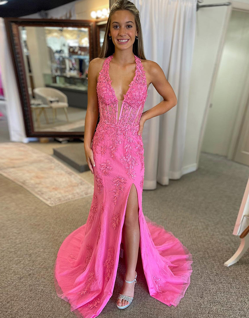 Red Mermaid Deep V-Neck Long Lace Prom Dress With Split