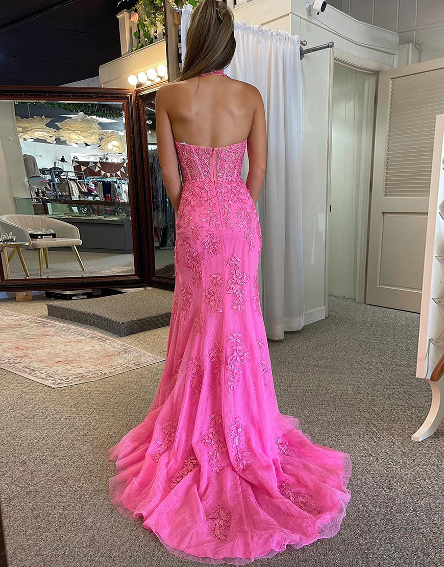 Red Mermaid Deep V-Neck Long Lace Prom Dress With Split