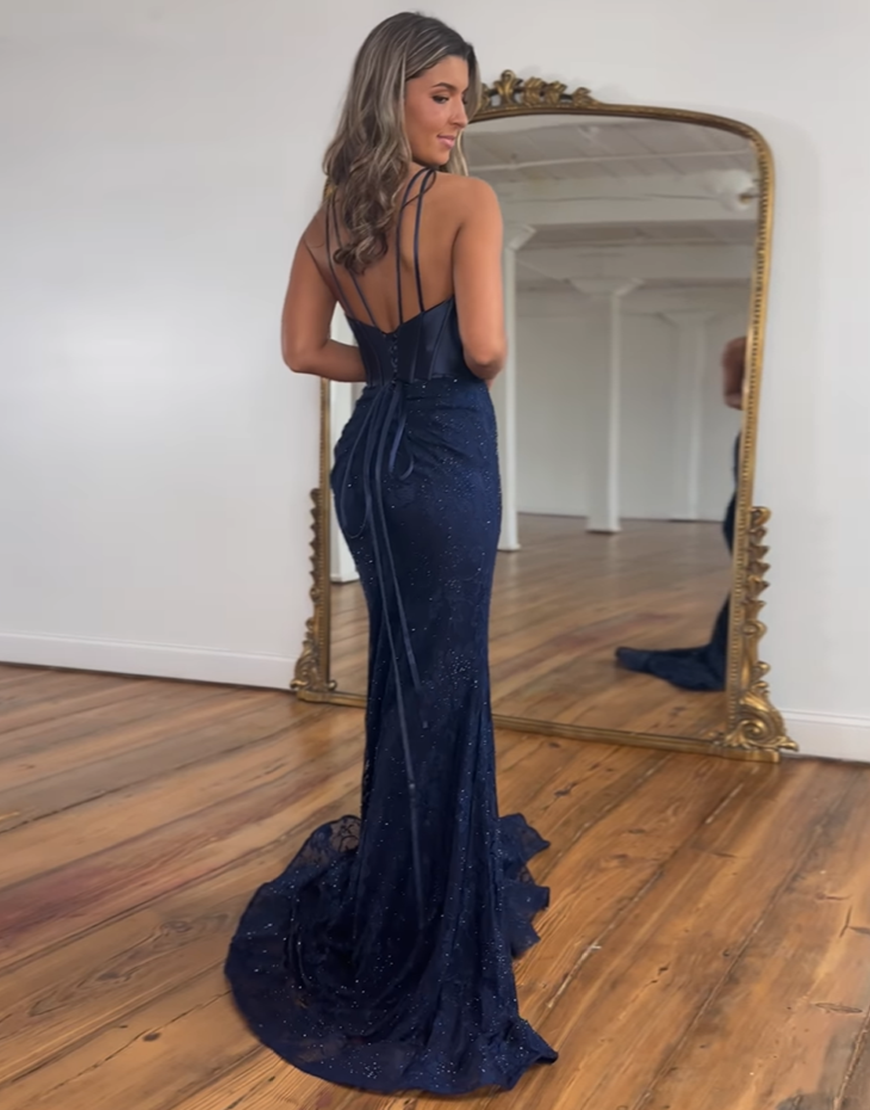 Glitter Navy Mermaid V-Neck Long Corset Prom Dress With Split