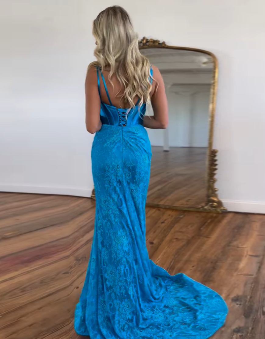Glitter Navy Mermaid V-Neck Long Corset Prom Dress With Split