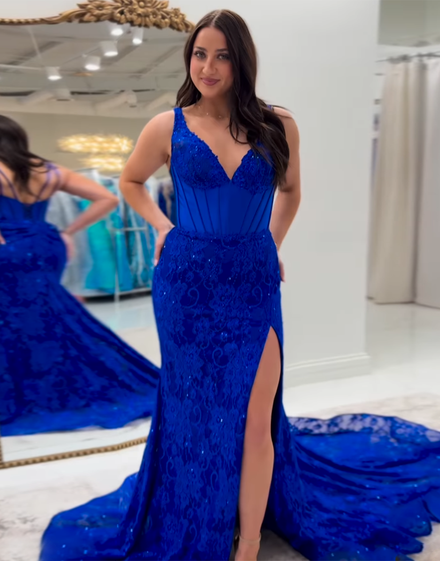 Glitter Navy Mermaid V-Neck Long Corset Prom Dress With Split