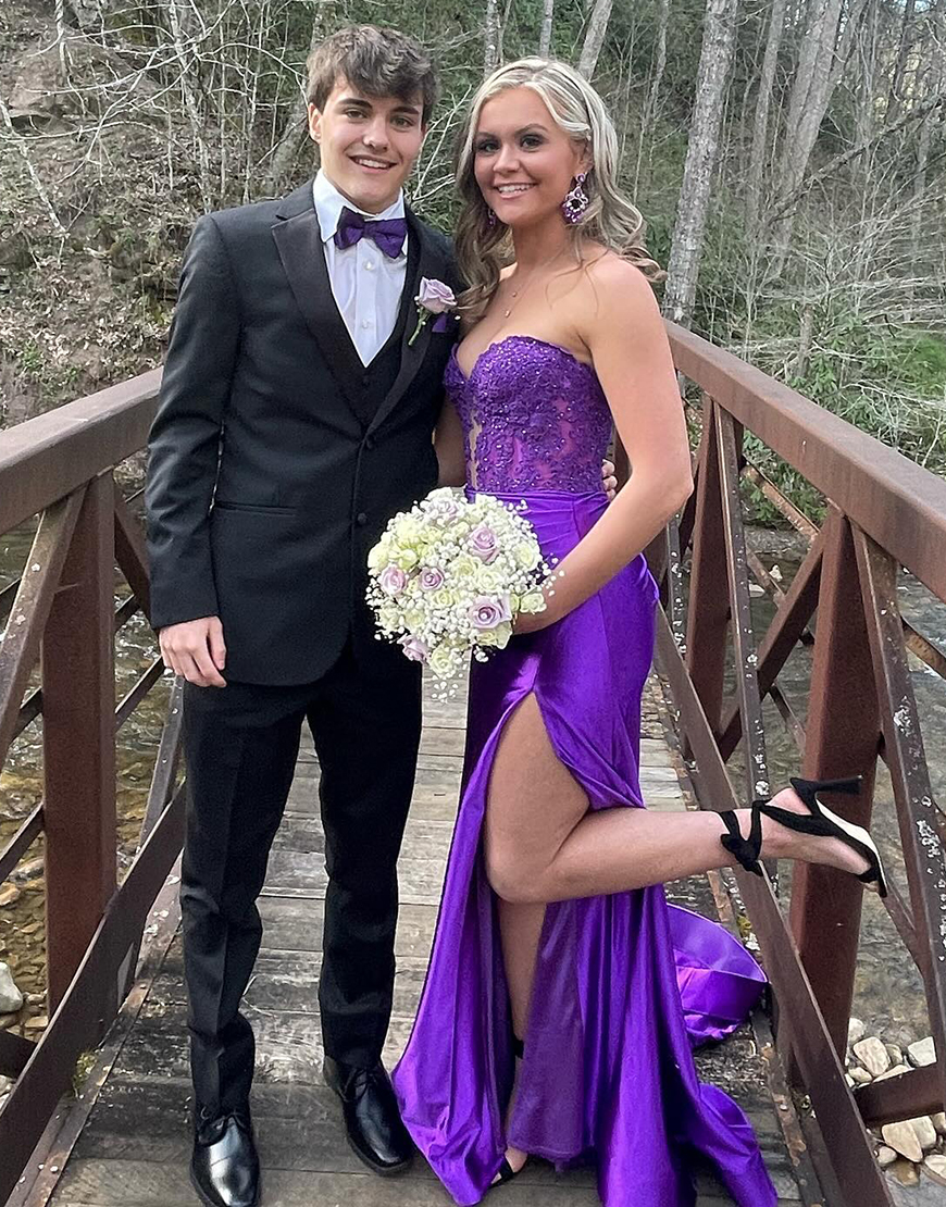 Navy Blue Sweetheart Mermaid Long Satin Prom Dress With Split